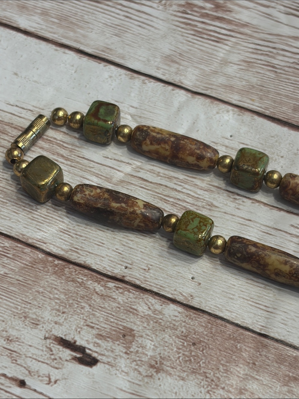 Vintage Boho Agate Jasper Brown Green Earth Tone Beaded Necklace View 2